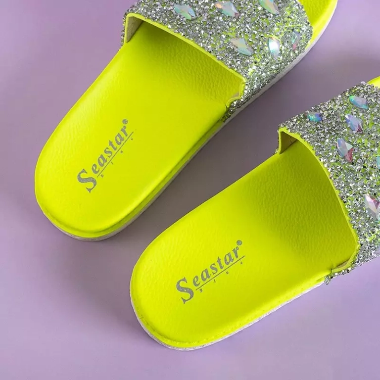 Pantoufles plates-formes vertes pour femmes avec zircon cubique marin - Chaussures