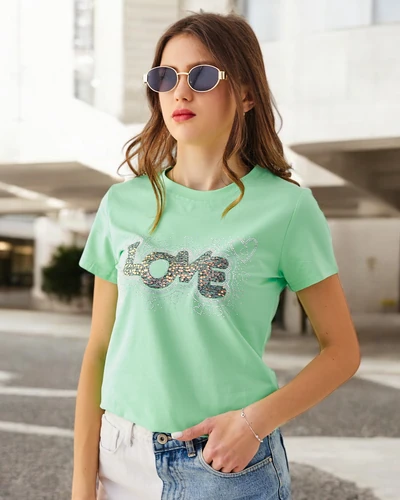 Royalfashion T-shirt en coton pour femmes LOVE avec des strass