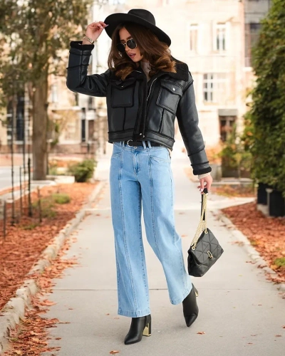 Veste en cuir eco femme de Royalfashion avec fourrure en couleur noire