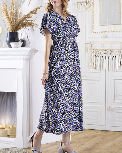 Robe longue noire à fleurs violettes pour femme - Vêtements