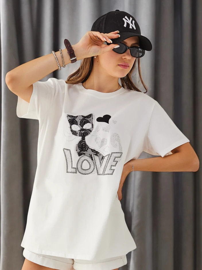 Royalfashion T-shirt en coton pour femmes Cat Love