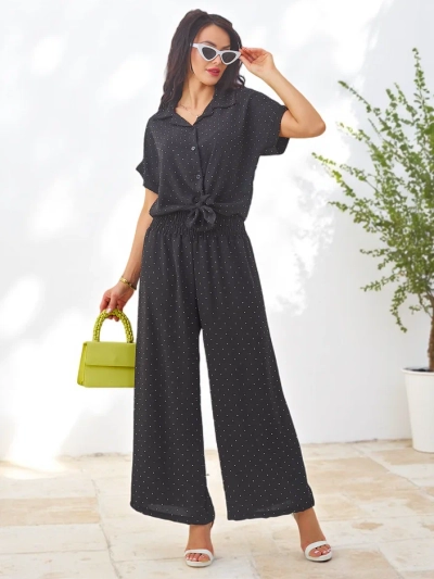 Ensemble Royalfashion pour femmes comprenant une chemise à manches courtes nouée et un pantalon évasé avec des strass