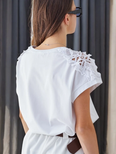 T-shirt en coton pour femme Royalfashion avec manches en dentelle