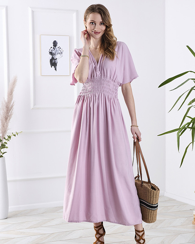 Robe longue rose pour femme avec encolure enveloppe - Vêtements
