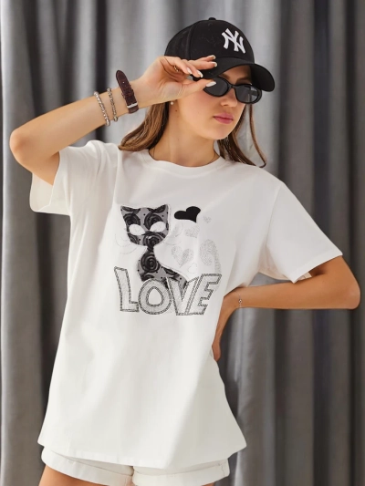 Royalfashion T-shirt en coton pour femmes Cat Love