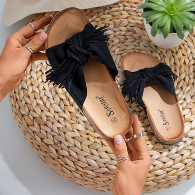 OUTLET Pantoufles à franges Amassa noires et brunes pour femmes - Chaussures