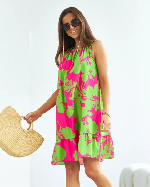Royalfashion Robe courte à fleurs vert-rose pour femme