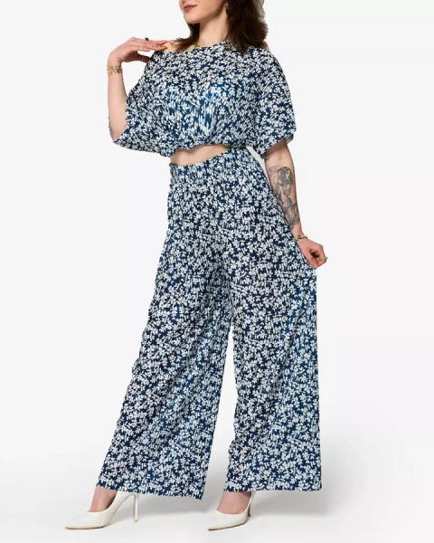 Ensemble plissé bleu marine à fleurs noires pour femme - Vêtements