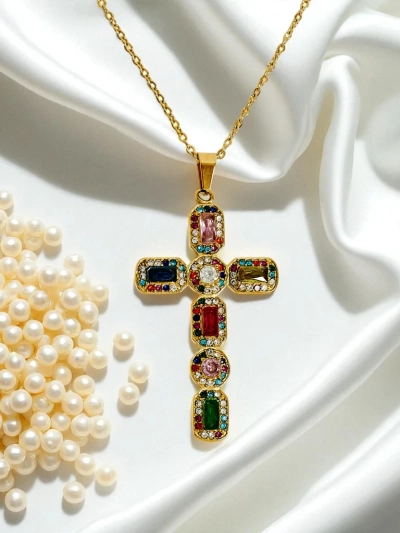 Aurelia Lux Collier Croix Colorée Dorée Glamour avec Pierres