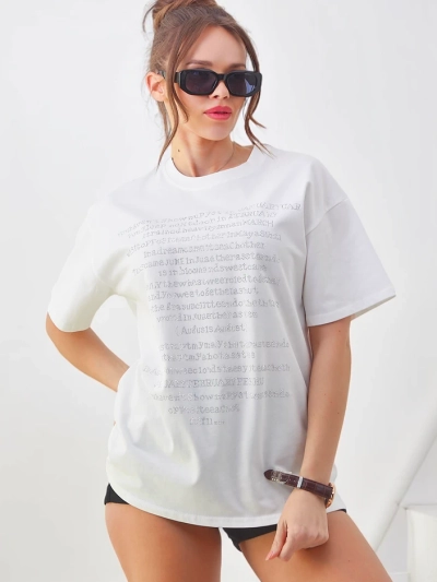 T-shirt en coton pour femmes Royalfashion avec texte en strass