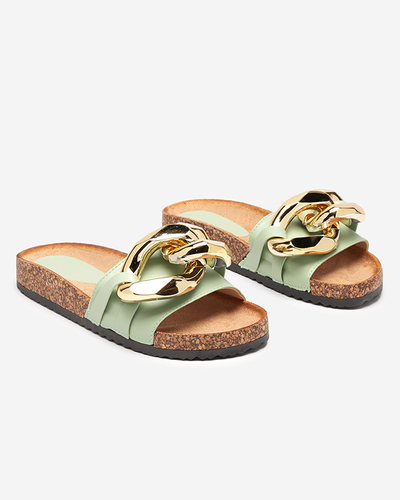 Sandales pour femmes Thalia Royalfashion vertes avec chaîne sur semelle plate