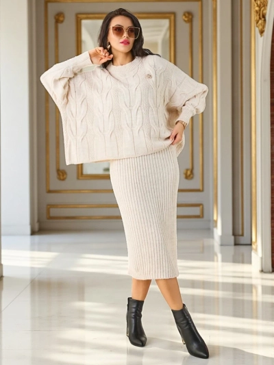 Royalfashion Ensemble pour femme en acrylique tressé avec pull et jupe Warm&Fuzzy