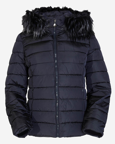Veste matelassée pour femme bleu marine avec capuche et fourrure- Vêtements