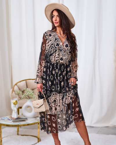 Royalfashion Robe midi en maille noire et beige avec imprimé