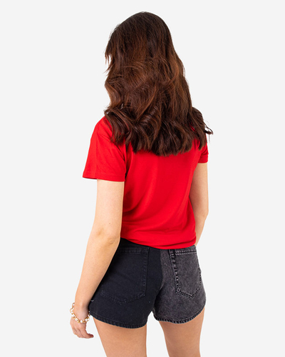T-shirt femme rouge avec sequins et inscriptions - Vêtements