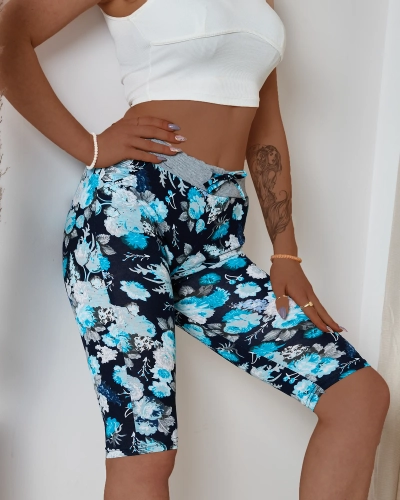 Short 3/4 bleu foncé pour femme avec motif floral - Vêtements