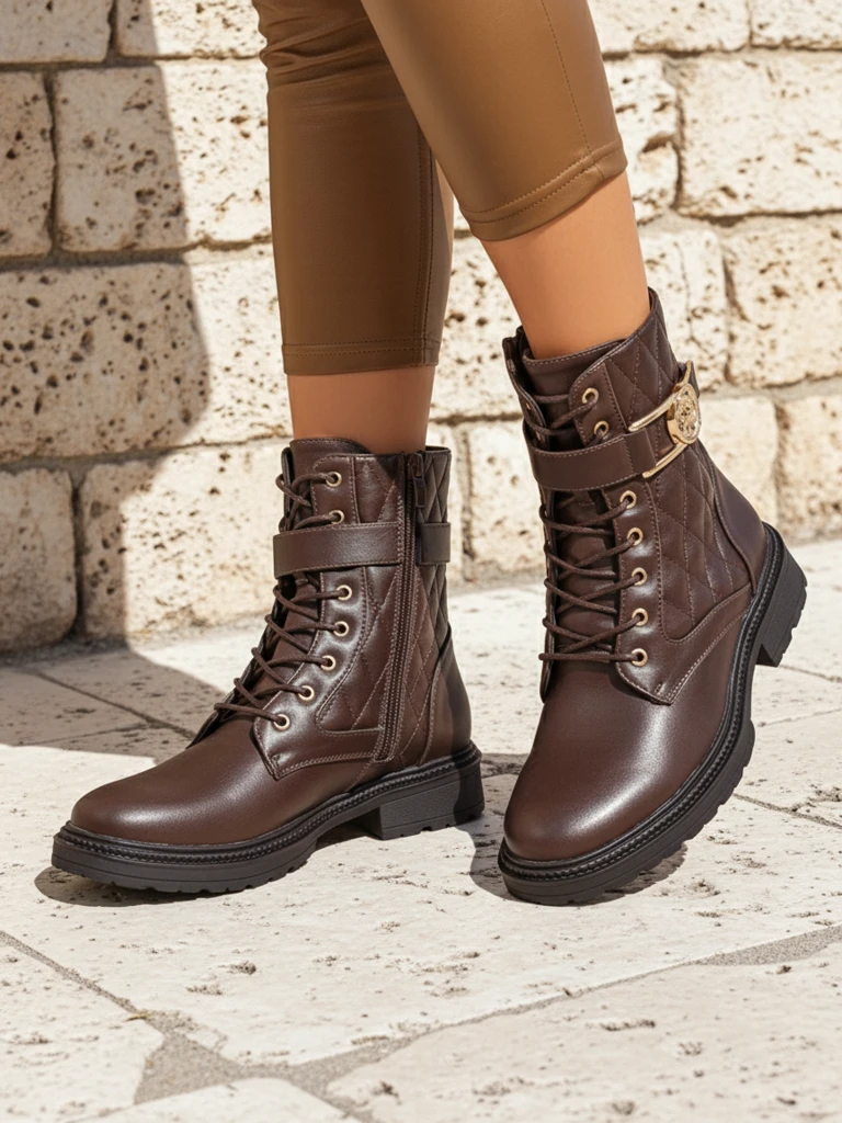 Bottines matelassées pour femmes en cuir écologique Sable Rose