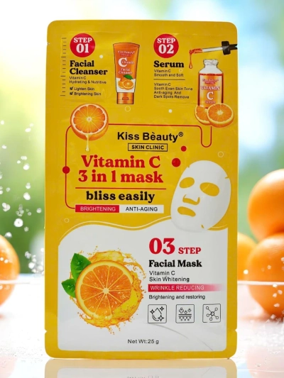 Masque 3-en-1 – 1 nettoyer le visage, 2 sérum, 3 masque illuminateur à la vitamine C