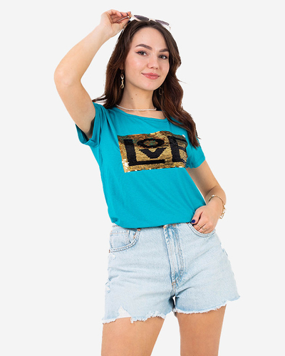 T-shirt femme bleu message et sequins - Vêtements