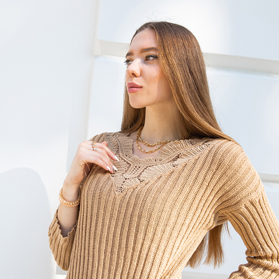 Robe pull femme camel avec dentelle - Vêtements