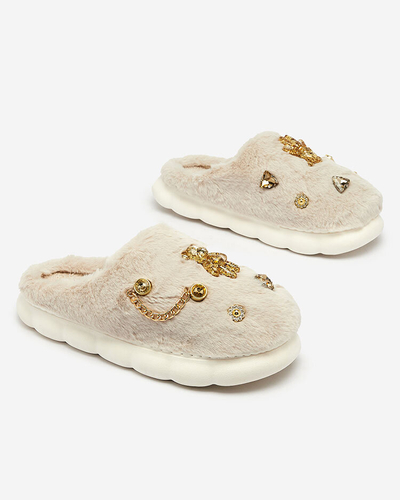Royalfashion Pantoufles en fourrure beige pour femme avec ornements Erserra