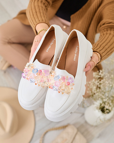 Royalfashion Mocassins pour femmes blancs avec cristaux colorés Crystal Glam