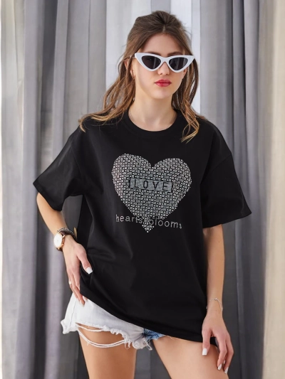 Royalfashion T-shirt en coton pour femmes LOVE avec des strass