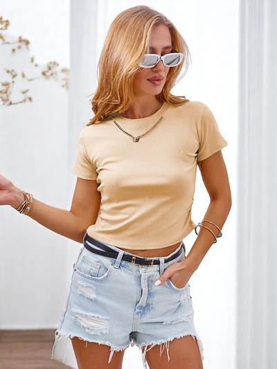 Royalfashion T-shirt femme en coton avec fronces latérales, chaîne et paillettes