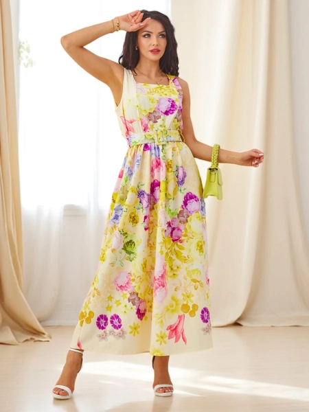 Robe midi en viscose pour femmes Royalfashion avec bretelles, dotée d'une ceinture dans divers imprimés floraux