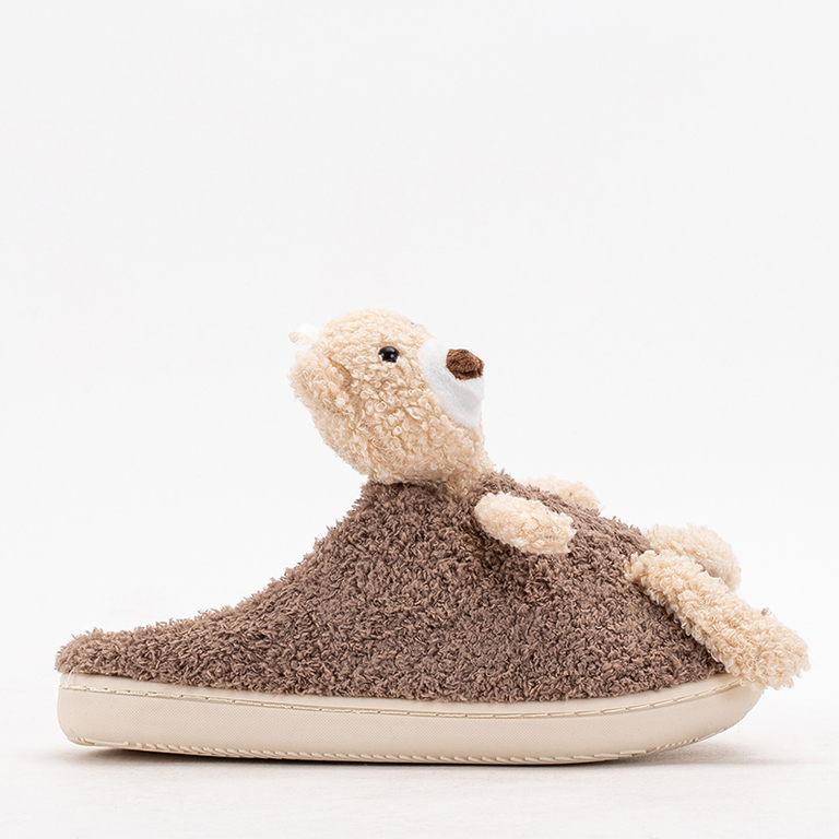 Chaussons femme marron avec ours en peluche - Chaussures