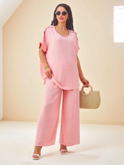 Royalfashion Ensemble en coton pour femmes avec des manches courtes et un pantalon large