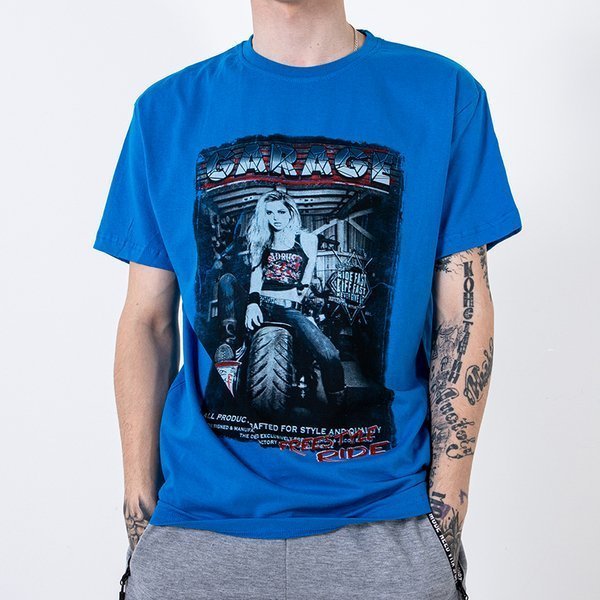 T-shirt homme en coton bleu orné de l'imprimé et de l'inscription - Vêtements