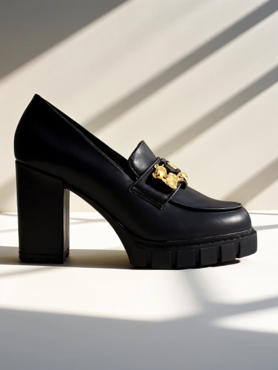 Sandales pour Femmes Athènes à Talons Blocs en Cuir Écologique de Couleur Noire