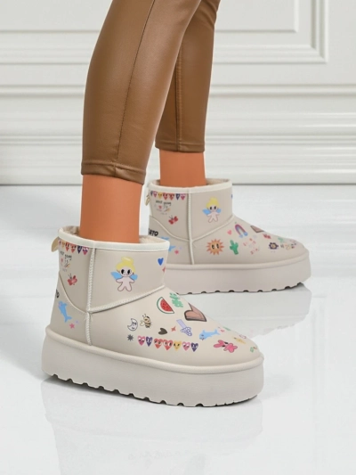 Bottines Lemuria - Bottes de Neige Cr\[egrave\]me Doodle \[agrave\] Semelle \[E]paisse Furrini