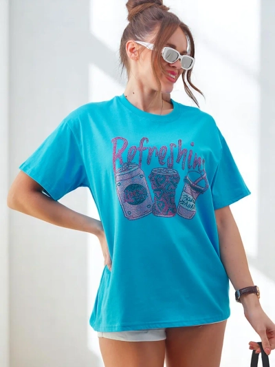 T-shirt en coton pour femmes Royalfashion avec imprimé en strass