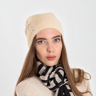 Chapeau de fourrure pour femme beige avec zircone cubique - Casquettes