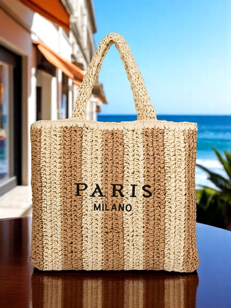 Royalfashion Grand sac à main en paille pour femme Paille Rayure