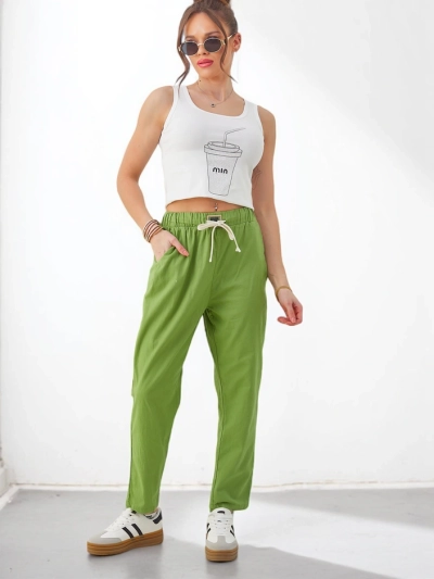 Pantalon en coton uni Royalfashion pour femme avec lien à la taille