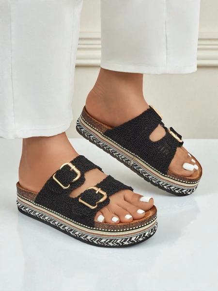 Royalfashion Sandales à plateforme pour femmes avec boucles style liège