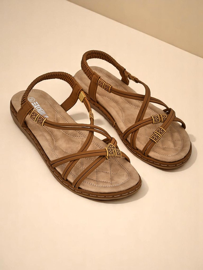 Sandales pour femmes Royalfashion Cressida camel plates confort cuir écologique été