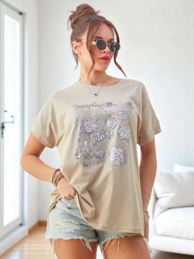 T-shirt en coton pour femmes Royalfashion avec impression de feuilles