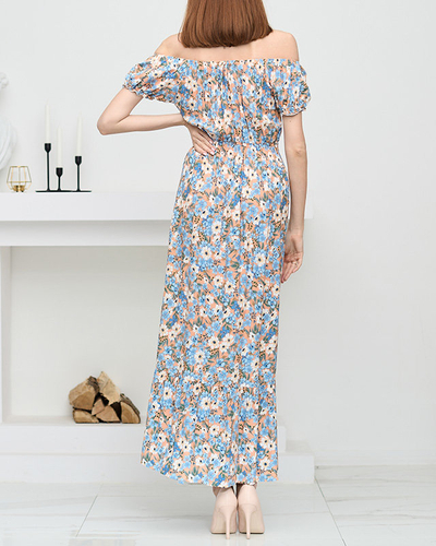 Robe d'été longue orange pour femme avec fleurs bleues - Vêtements