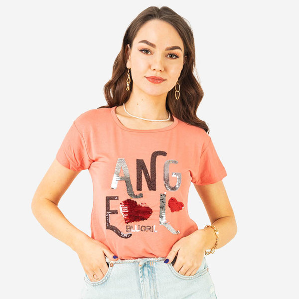 T-shirt femme corail inscription sequins - Vêtements