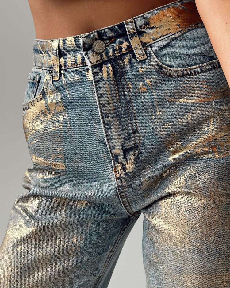 Royalfashion Jean large à paillettes dorées pour femme