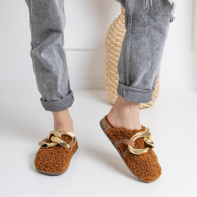 Chaussons pour femmes marron avec manteau en peau de mouton et chaîne Juka - Chaussures