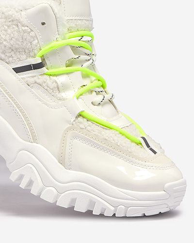 Chaussures de sport blanches pour femmes avec fourrure et lacets vert fluo Sagglo- Footwear