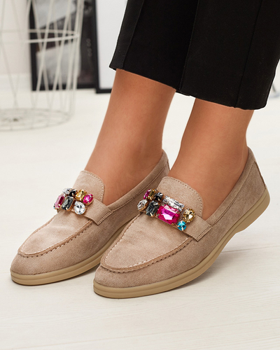 Mocassins pour femmes en daim écologique marron clair avec cristaux décoratifs Nellens- Footwear