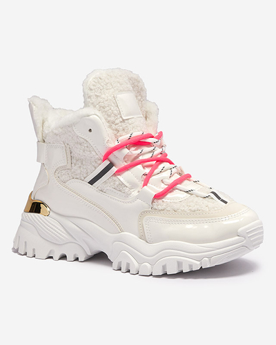 Chaussures de sport blanches pour femmes avec fourrure et lacets rose fluo Sagglo- Footwear