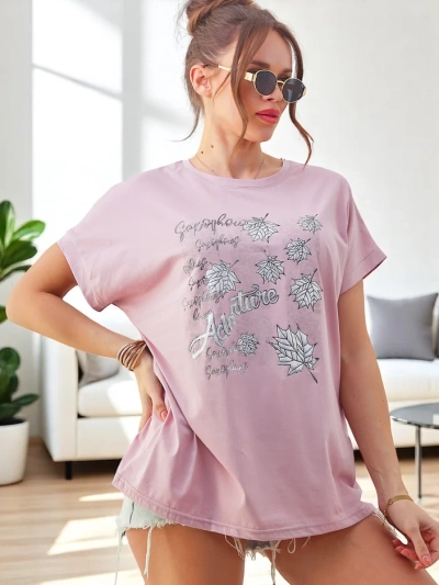 T-shirt en coton pour femmes Royalfashion avec imprimé feuilles