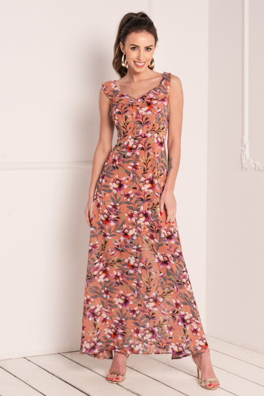 Robe longue fleurie corail femme - Vêtements